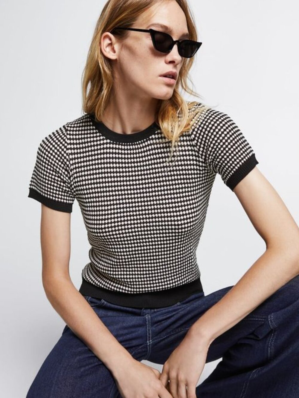 Zara Houndstooth Short Sleeve Sweater Tee
